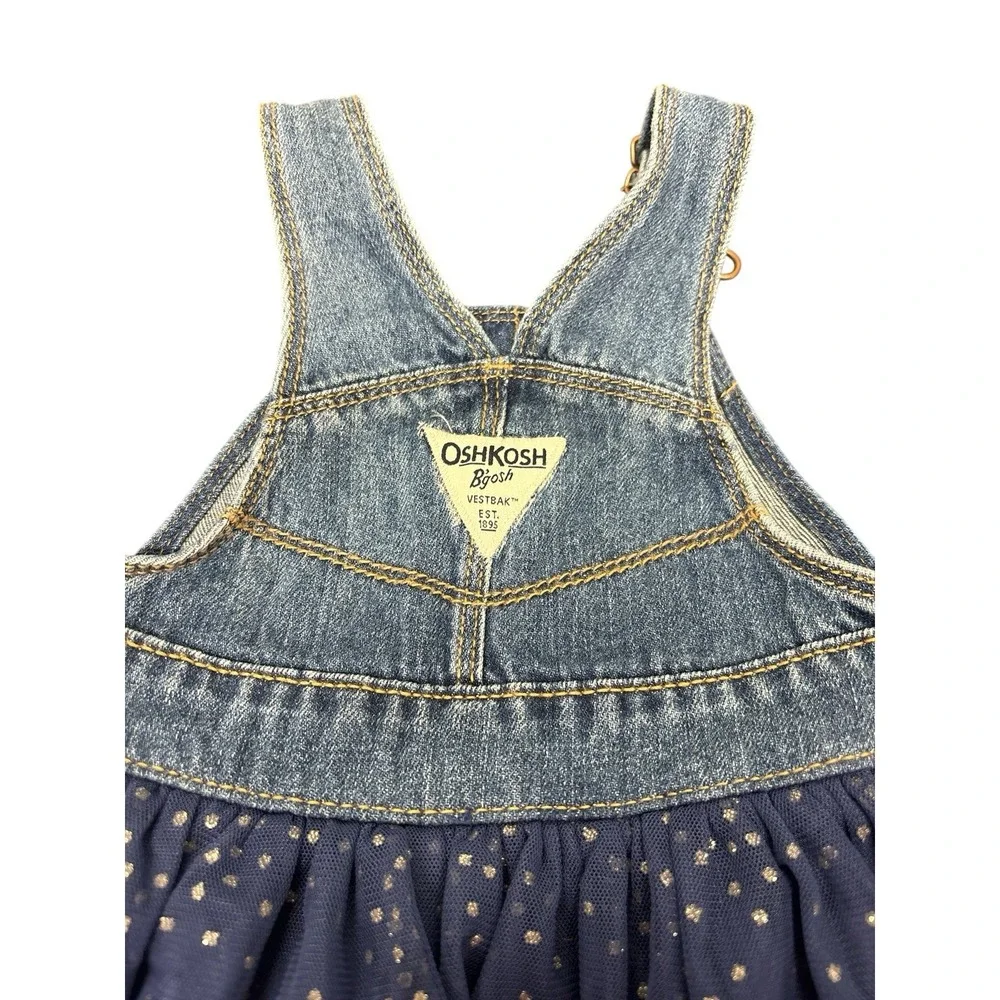 OshKosh Bgosh Jean Toddler Denim Navy Tulle Silver Glitter Dot Jumper Dress 9 MO